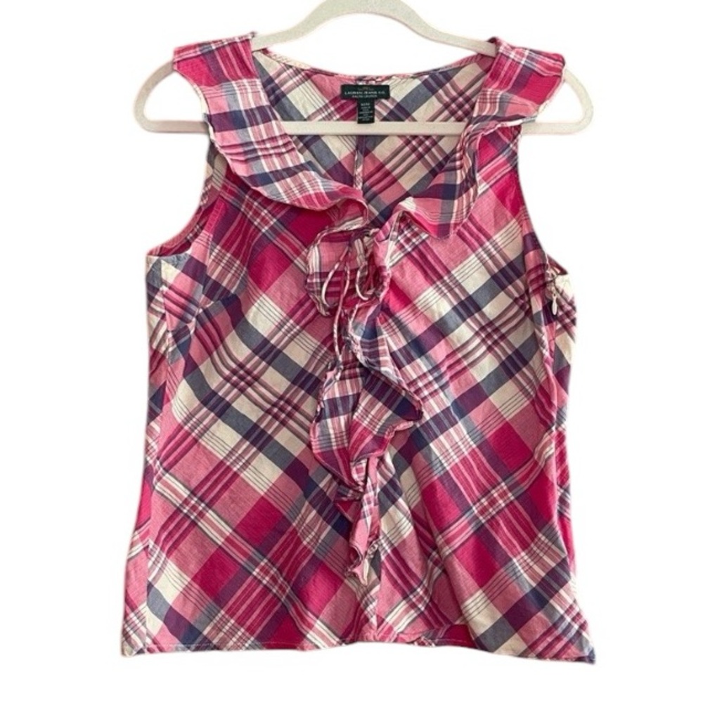 Lauren Ralph Lauren 100% Cotton Plaid Ruffle Blouse 
Size Medium